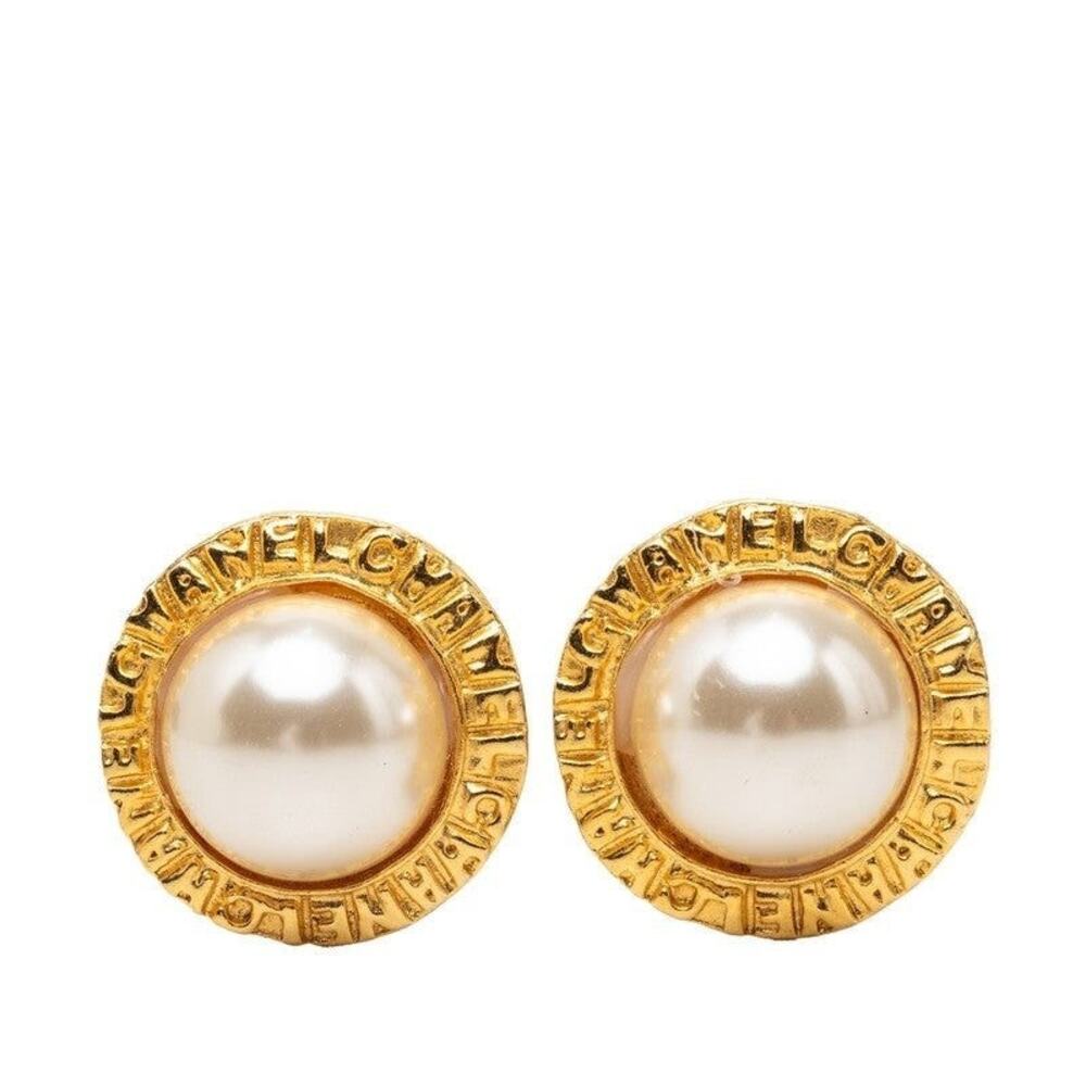 Chanel Logo Round Circle Earrings Gold Faux Pearl Plated GP